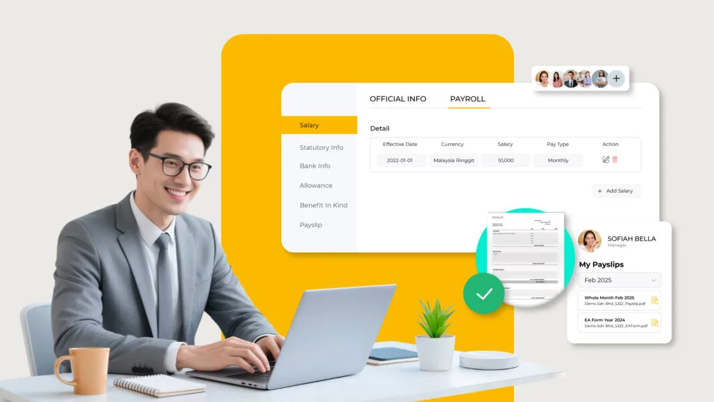 Malaysian professional using online payroll services with digital salary dashboard and payslip management.