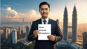 a malaysian man with a checklist of hire, payroll and compliance