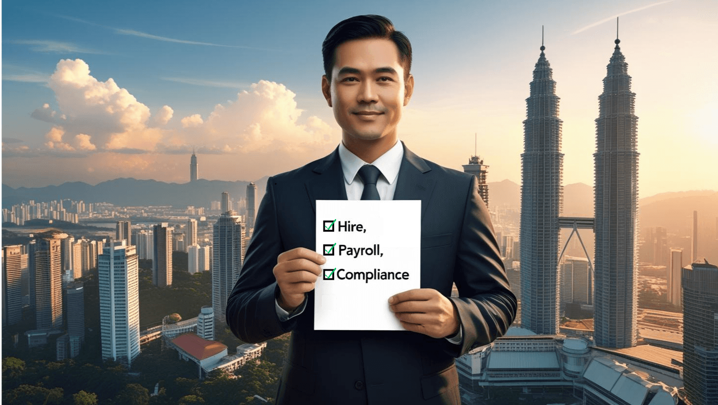 a malaysian man with a checklist of hire, payroll and compliance