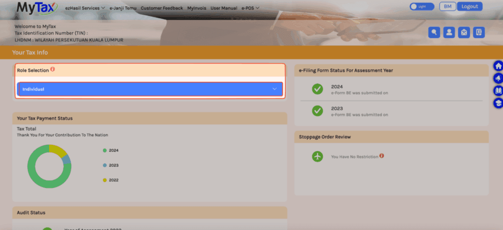 Screenshot of MyTax Dashboard Role Selection Highlight