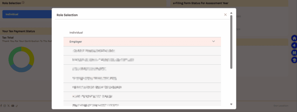 Screenshot of MyTax Role Selection Page